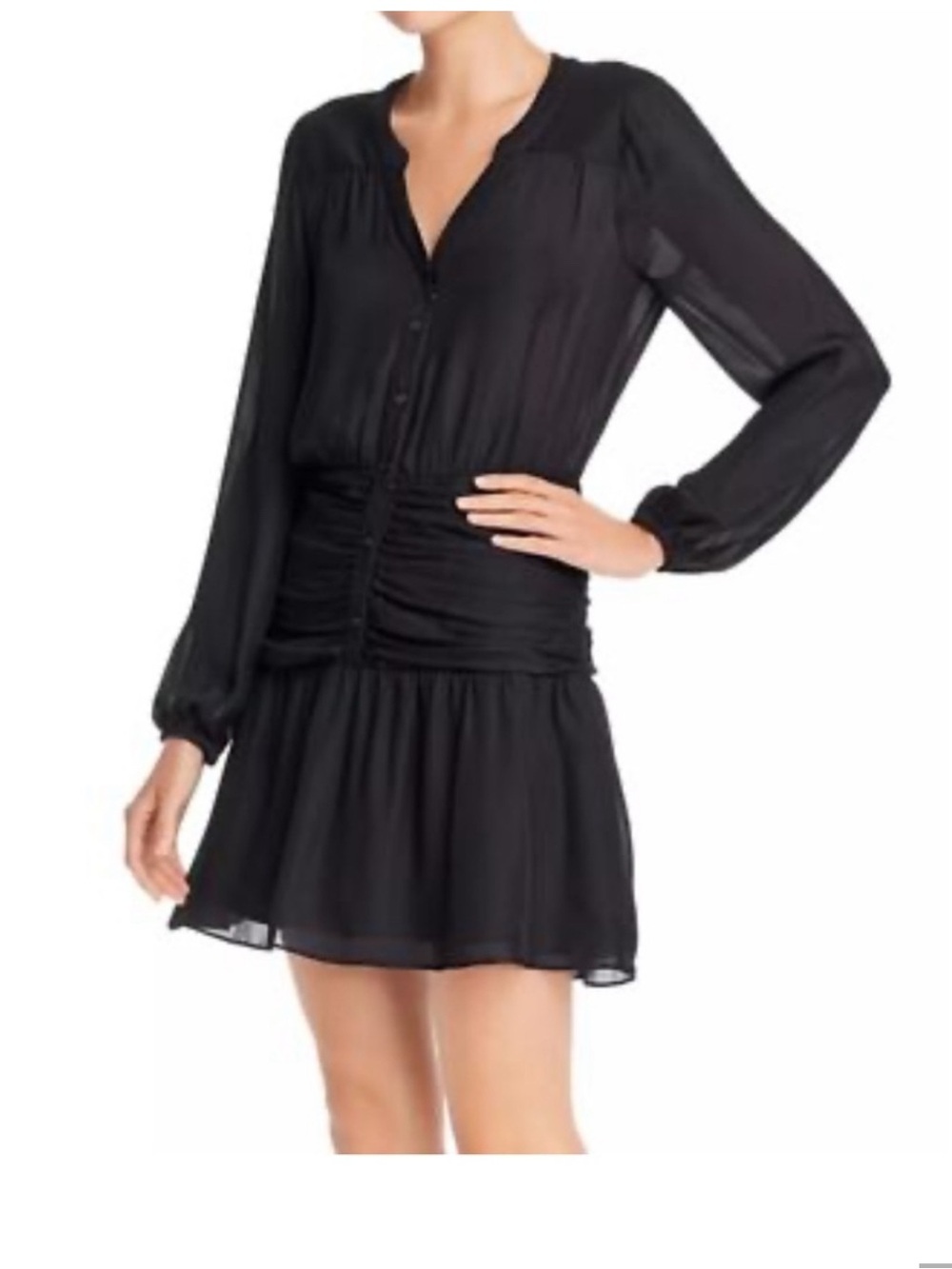 Parker Black Long-Sleeve Ruched Button Front Dress